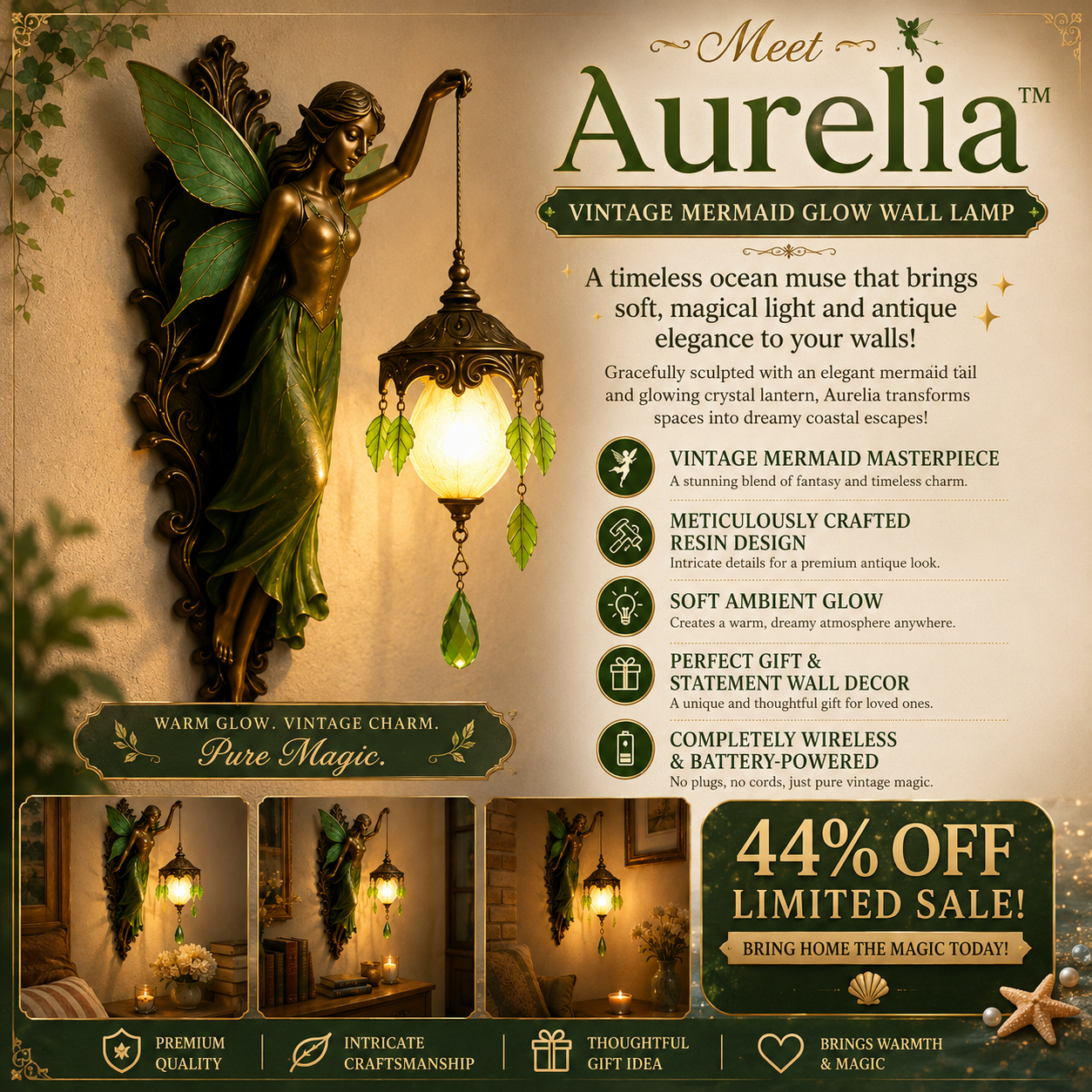 🧜‍♀️ Vintage Mermaid Glow Wall Lamp – Magical Ocean-Inspired Night Light  ✨