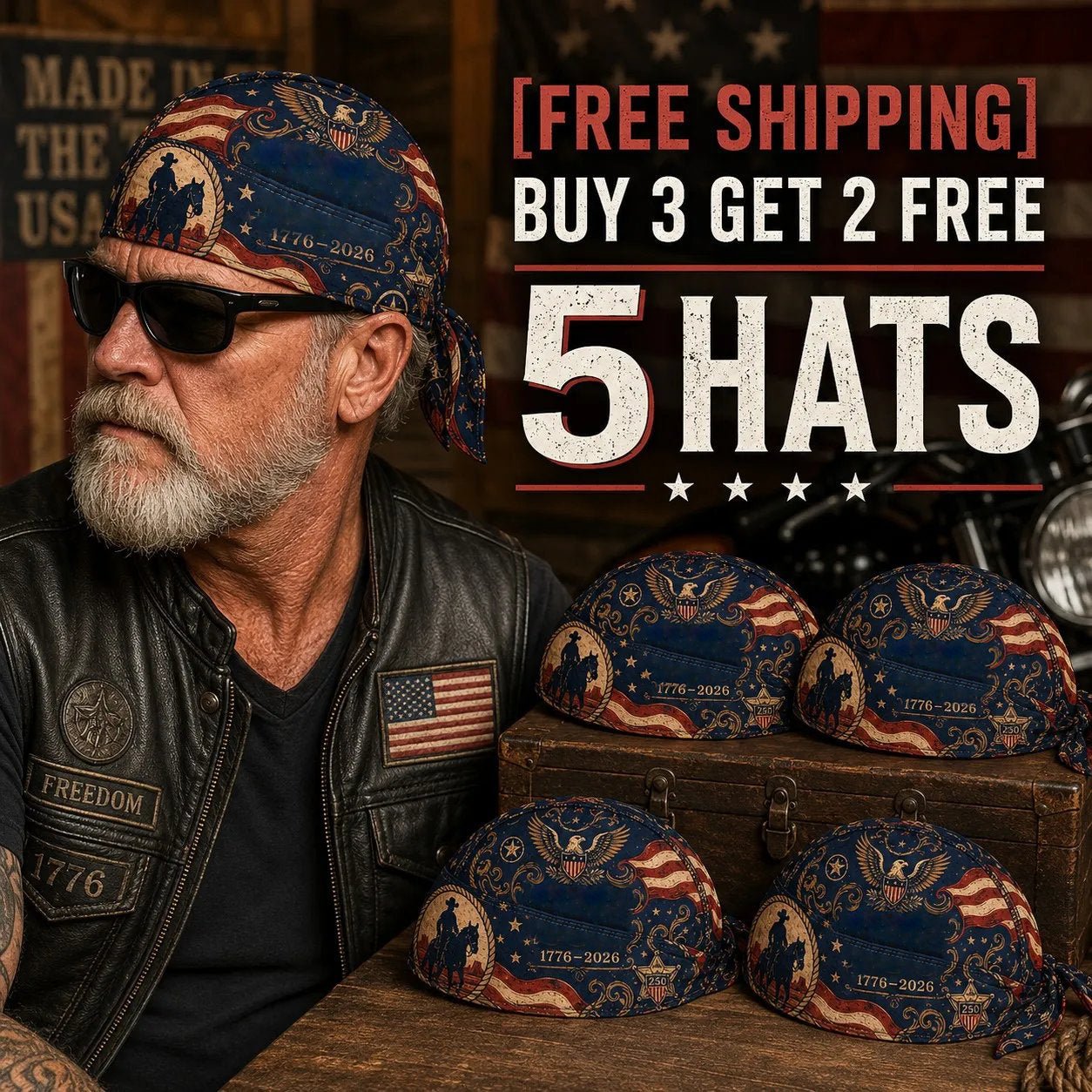 🔥Last Day 49% OFF🏍️America 250 Cycling Pirate Hat / Biker Headwrap