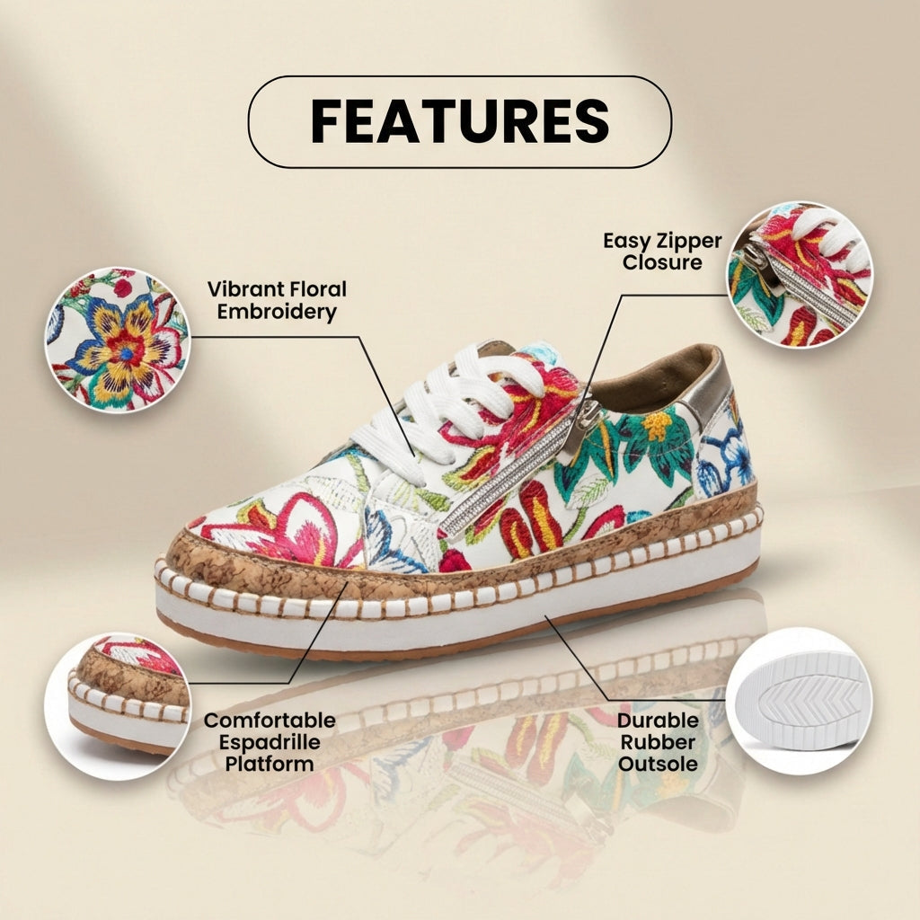 Canvas Espadrille Sneakers - Embroidered Floral Pattern & Cork Trim Detail