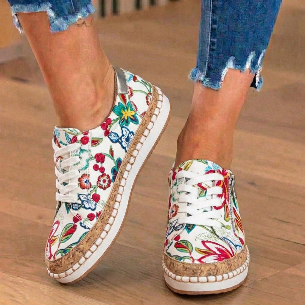 Canvas Espadrille Sneakers - Embroidered Floral Pattern & Cork Trim Detail