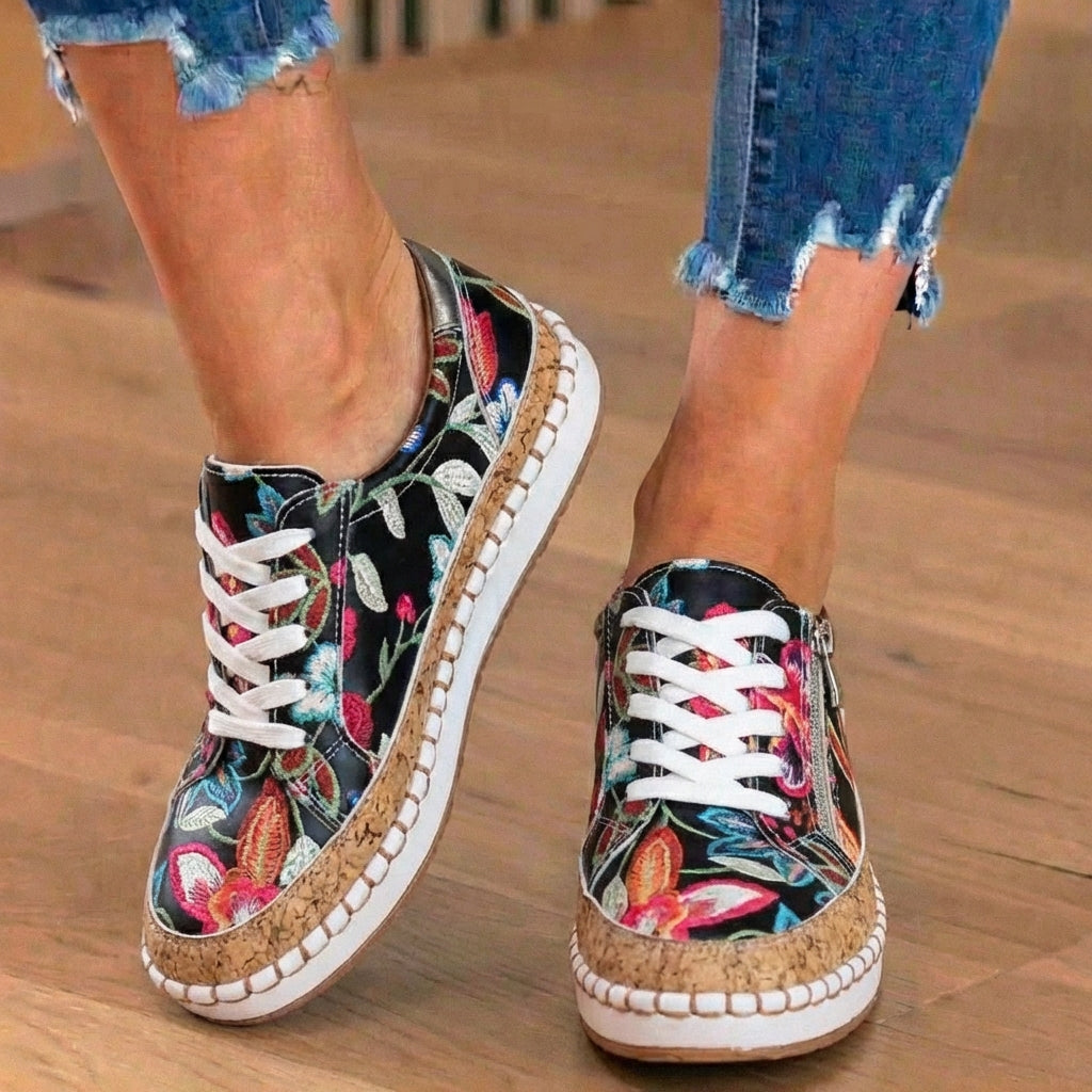 Canvas Espadrille Sneakers - Embroidered Floral Pattern & Cork Trim Detail