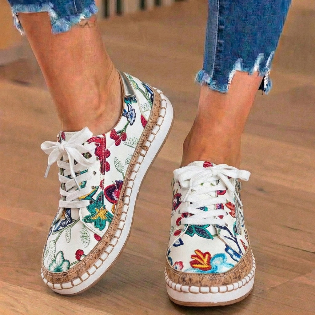  Canvas Espadrille Sneakers - Embroidered Floral Pattern & Cork Trim Detail