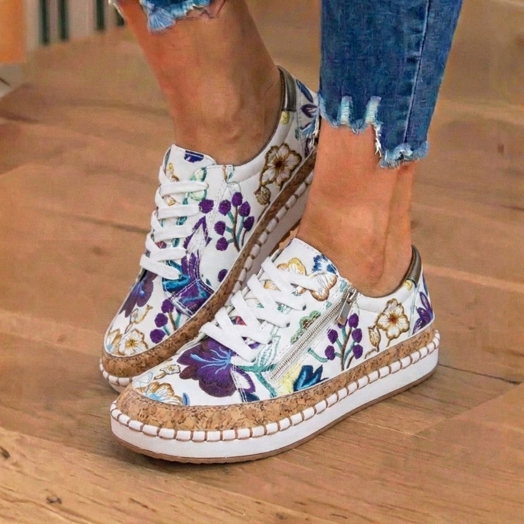 Canvas Espadrille Sneakers - Embroidered Floral Pattern & Cork Trim Detail