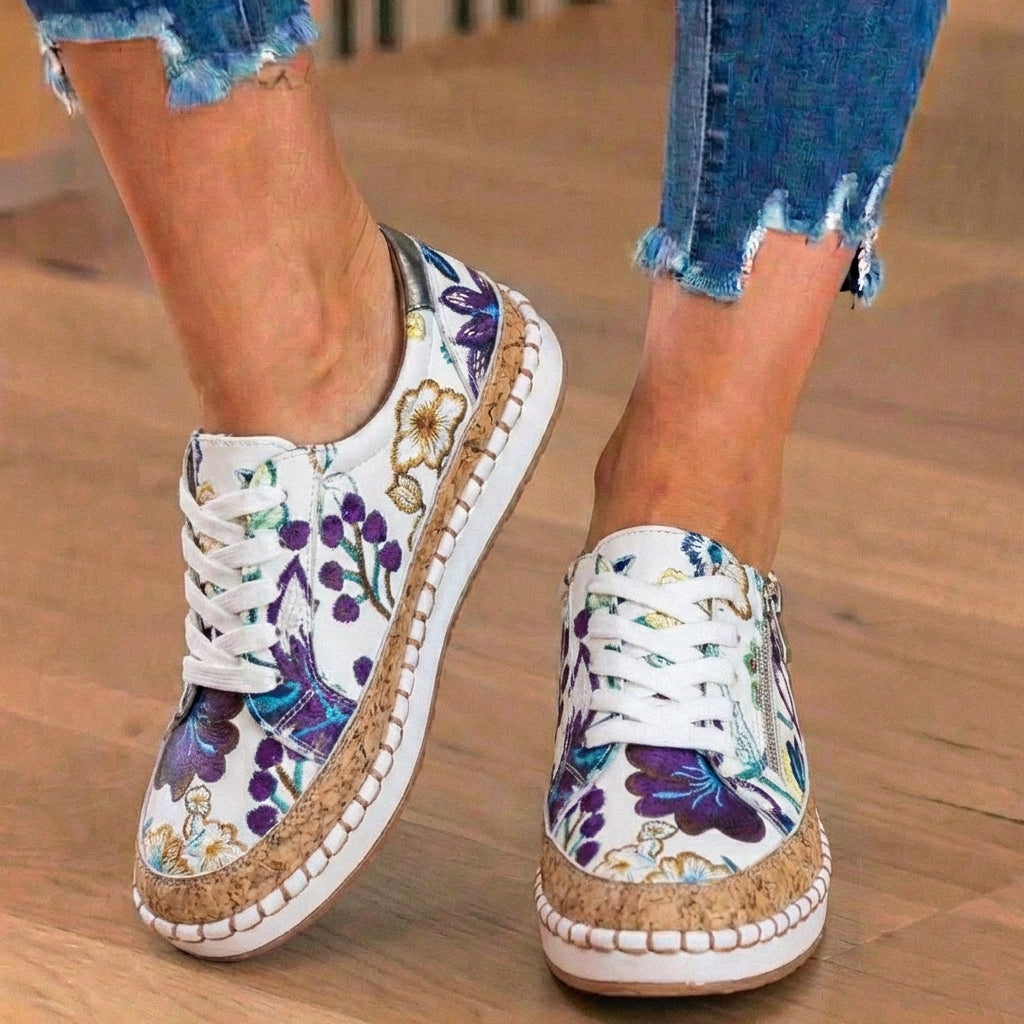 Canvas Espadrille Sneakers - Embroidered Floral Pattern & Cork Trim Detail
