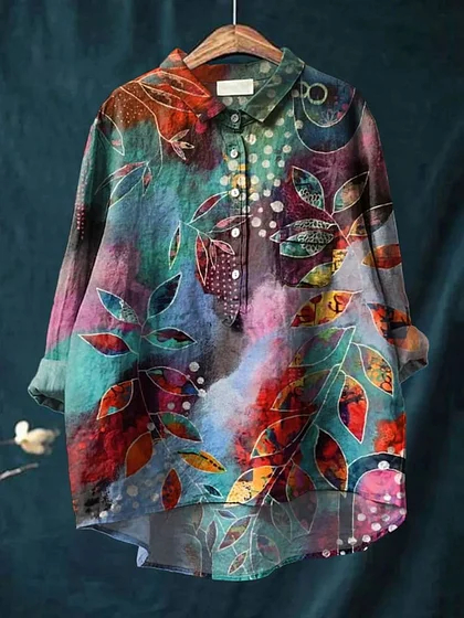 Women's Abstract Print Art Casual Cotton And Linen Shirt