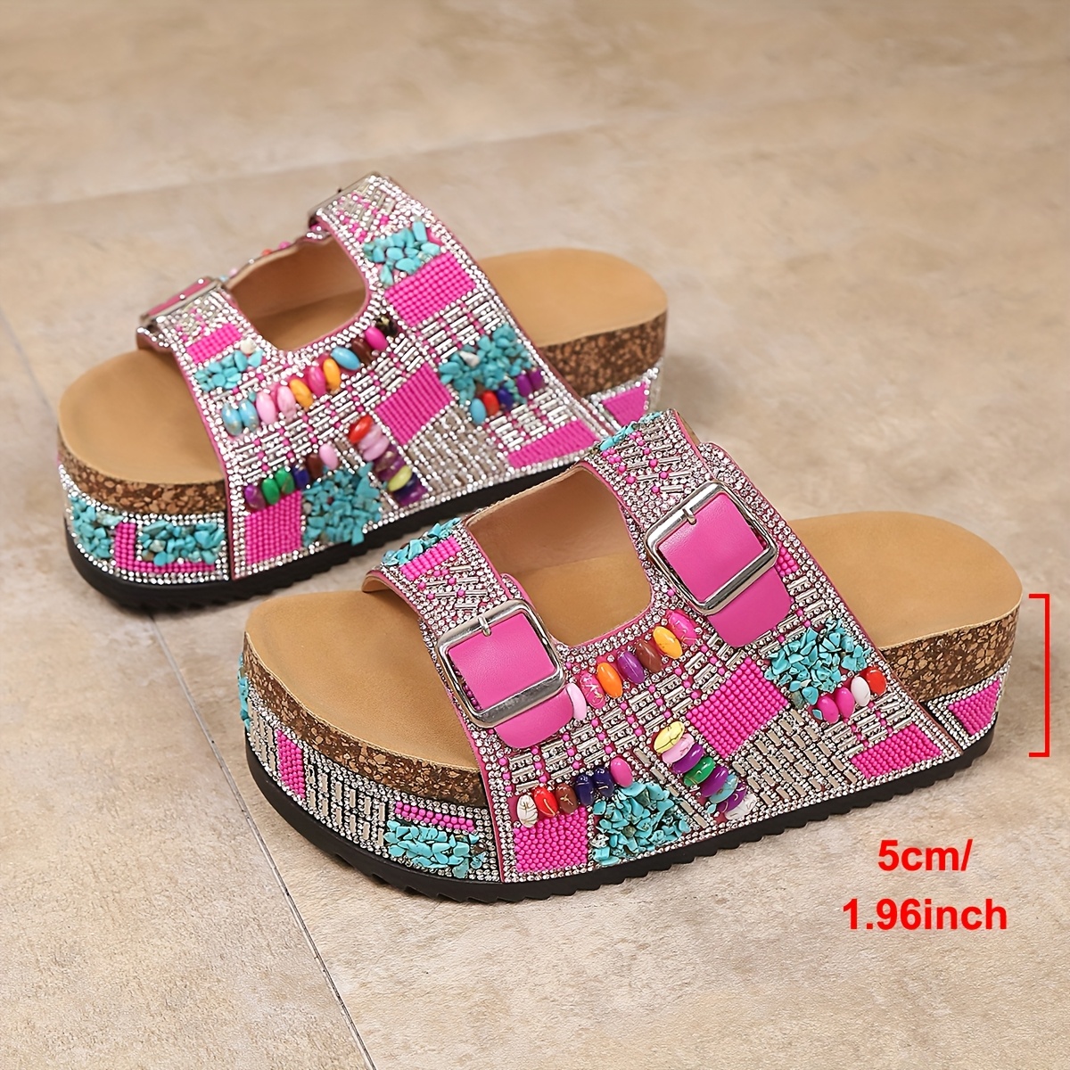 2026 Women's  Height Incr Bohemian Style Platform Slides Thick Sole Sandals  Strappy with Metal Buckle Studs Decorated
