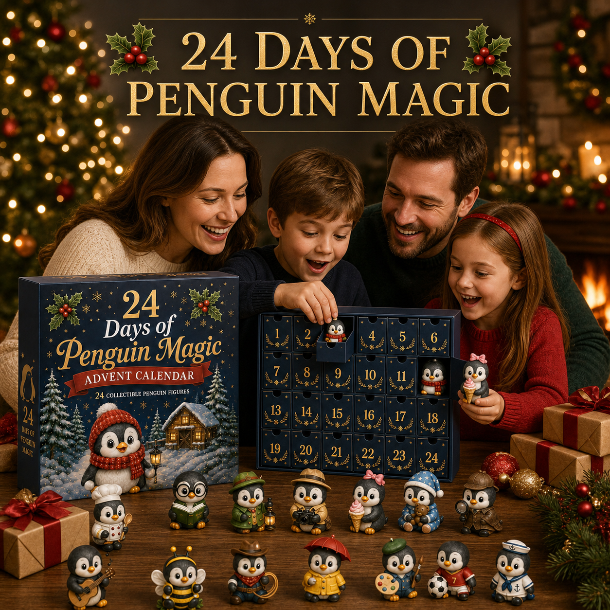 Family enjoying Penguin Advent Calendar together at Christmas