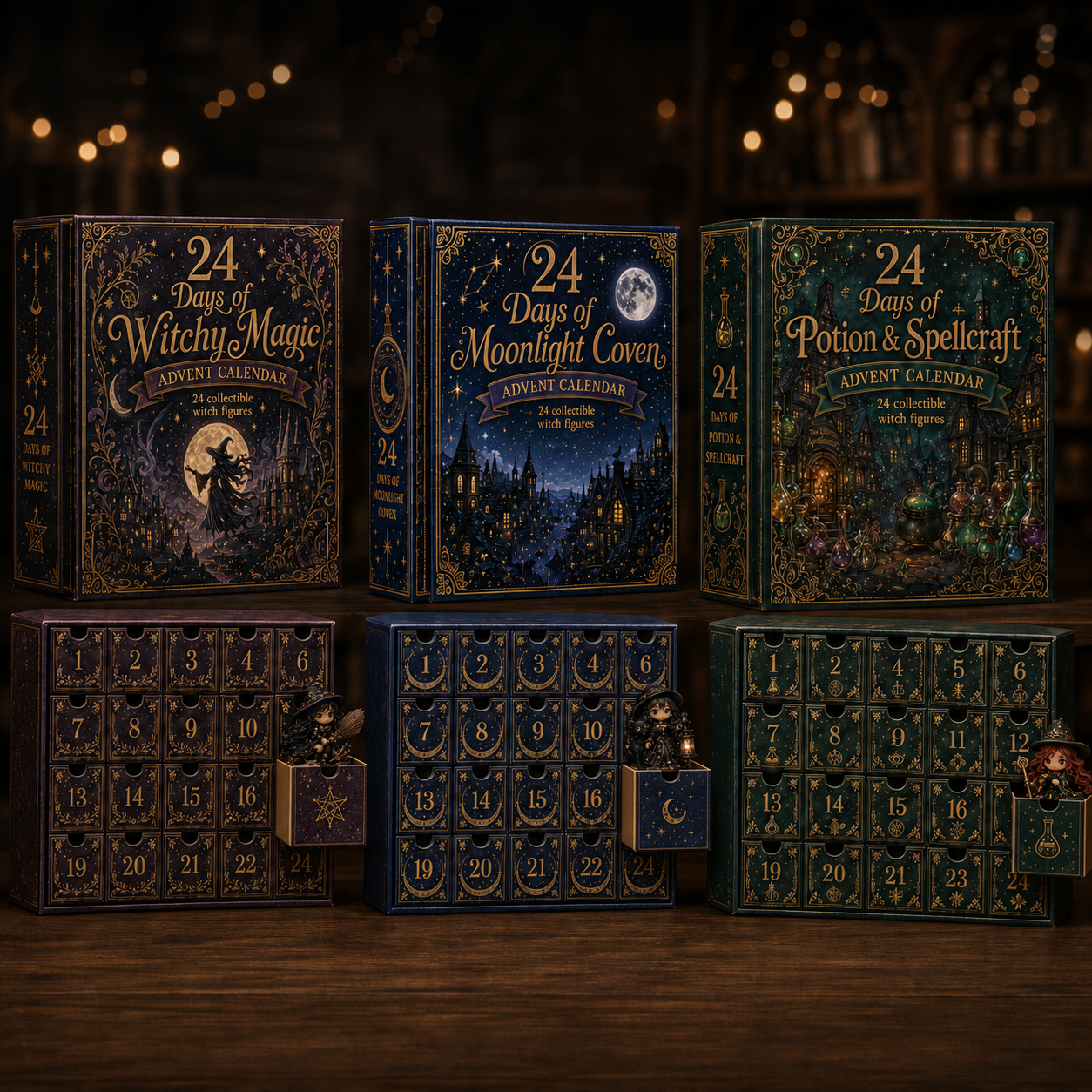 Multiple witch advent calendar themes including Witchy Magic Moonlight Coven and Potion and Spellcraft