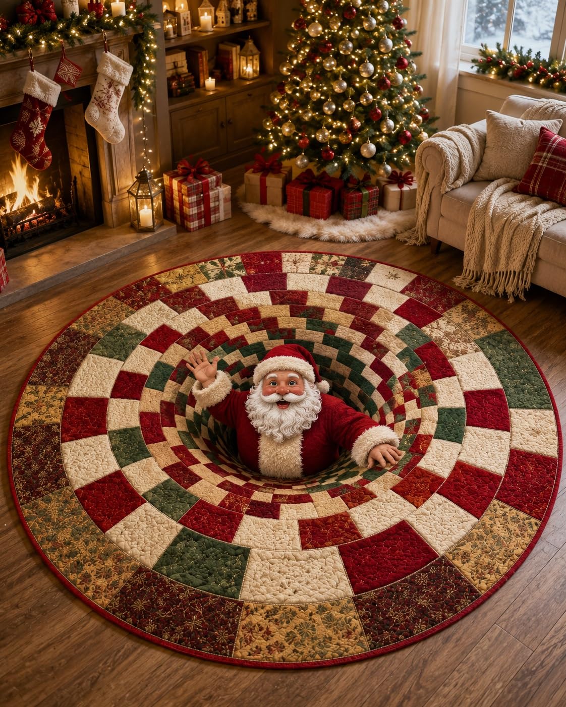 Christmas illusion rug under Christmas tree