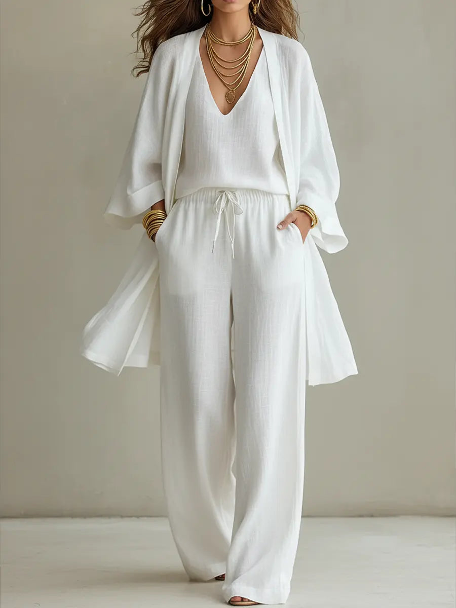 Women's Minimalist Cotton And Linen Wide-leg Pants Three-piece Set