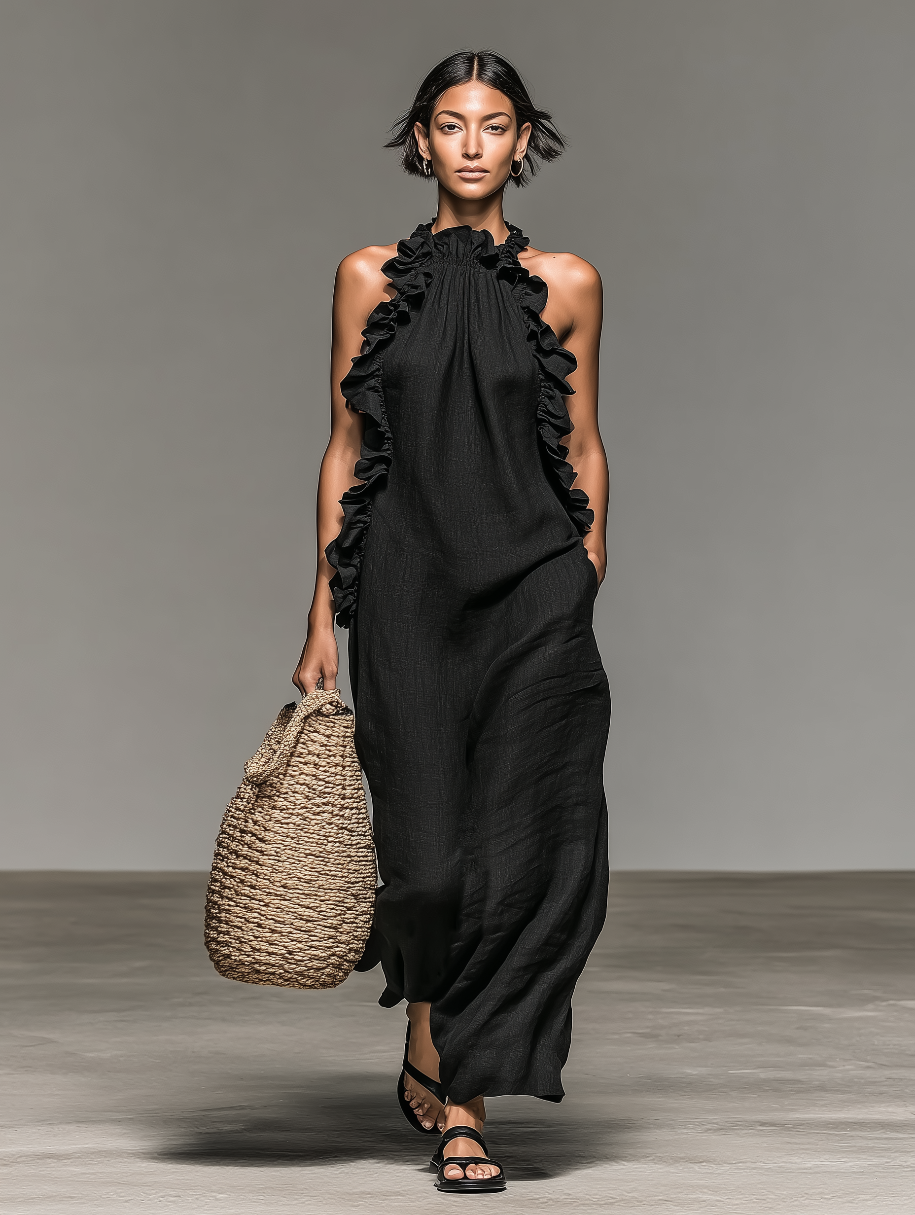Women's Minimalist Linen-blend Sleeveless Maxi Dress With Ruffle Details