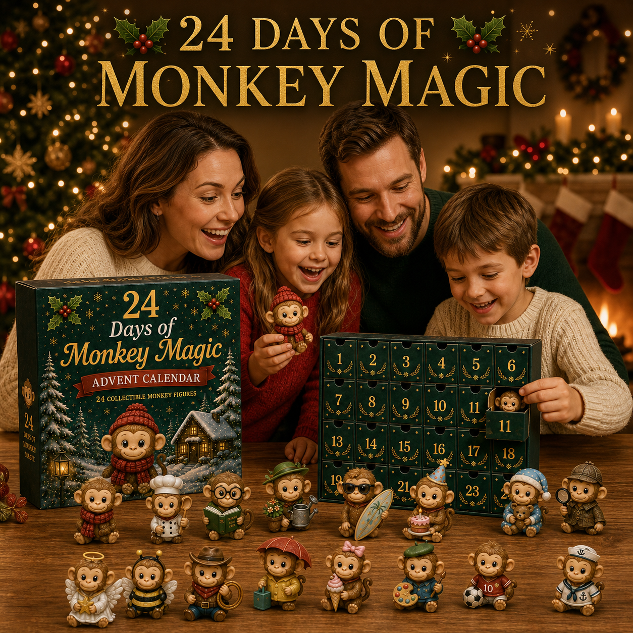 Family enjoying Monkey Advent Calendar together during Christmas
