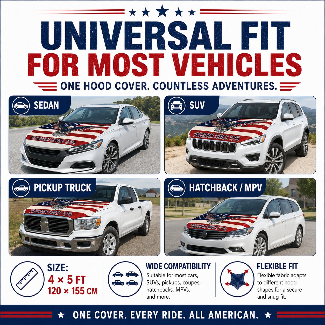 🇺🇸 Universal American Hood Flag Cover 🔥 Fits Most Cars, SUVs & Pickups🦅