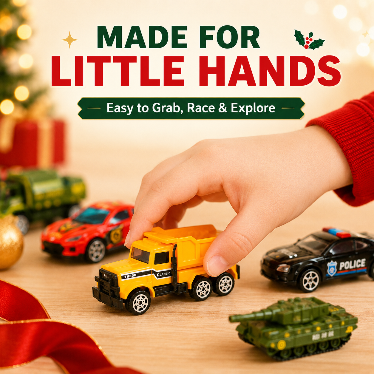 Fold-out roadway play scene mat built into the advent calendar box