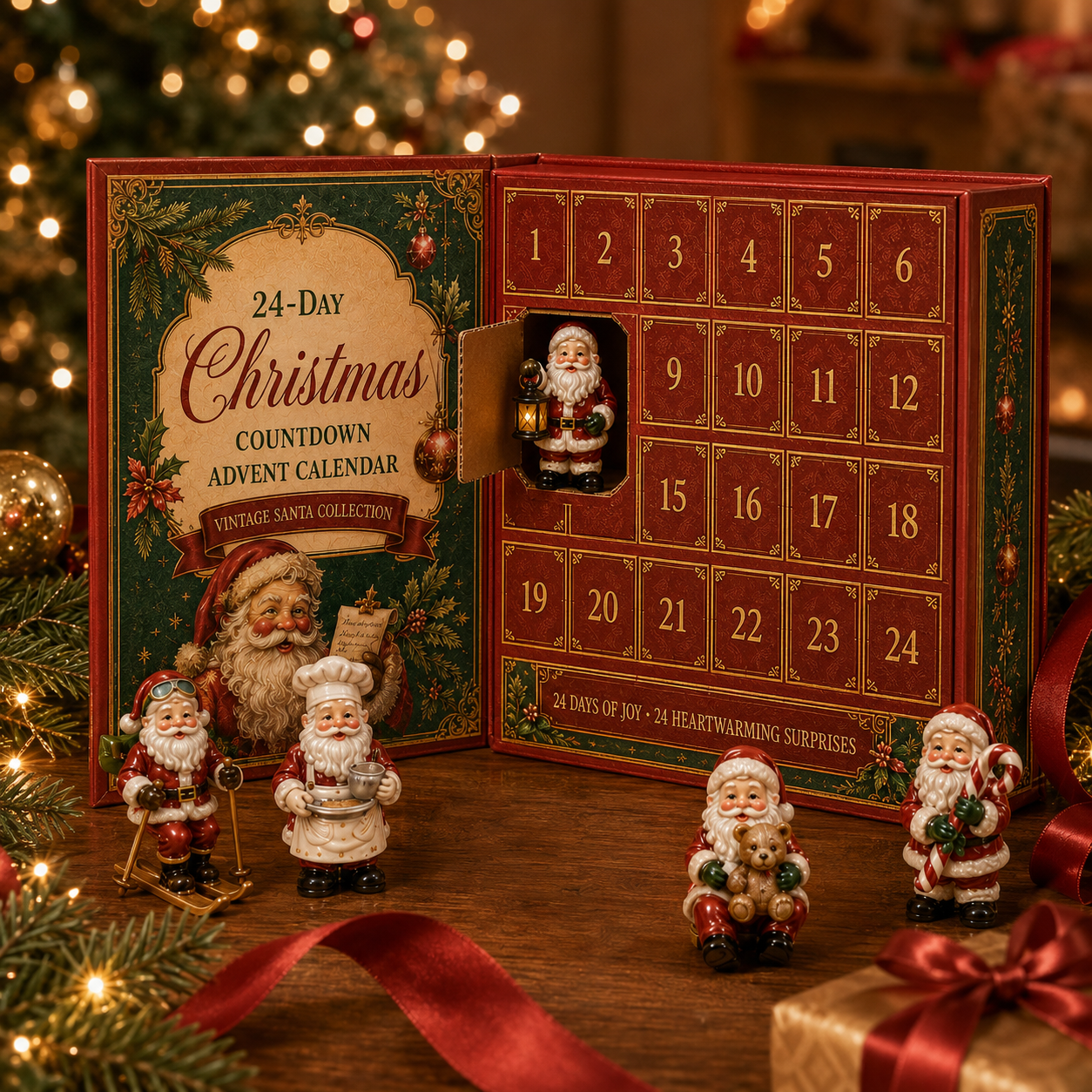Opening a numbered compartment to reveal a Santa ornament