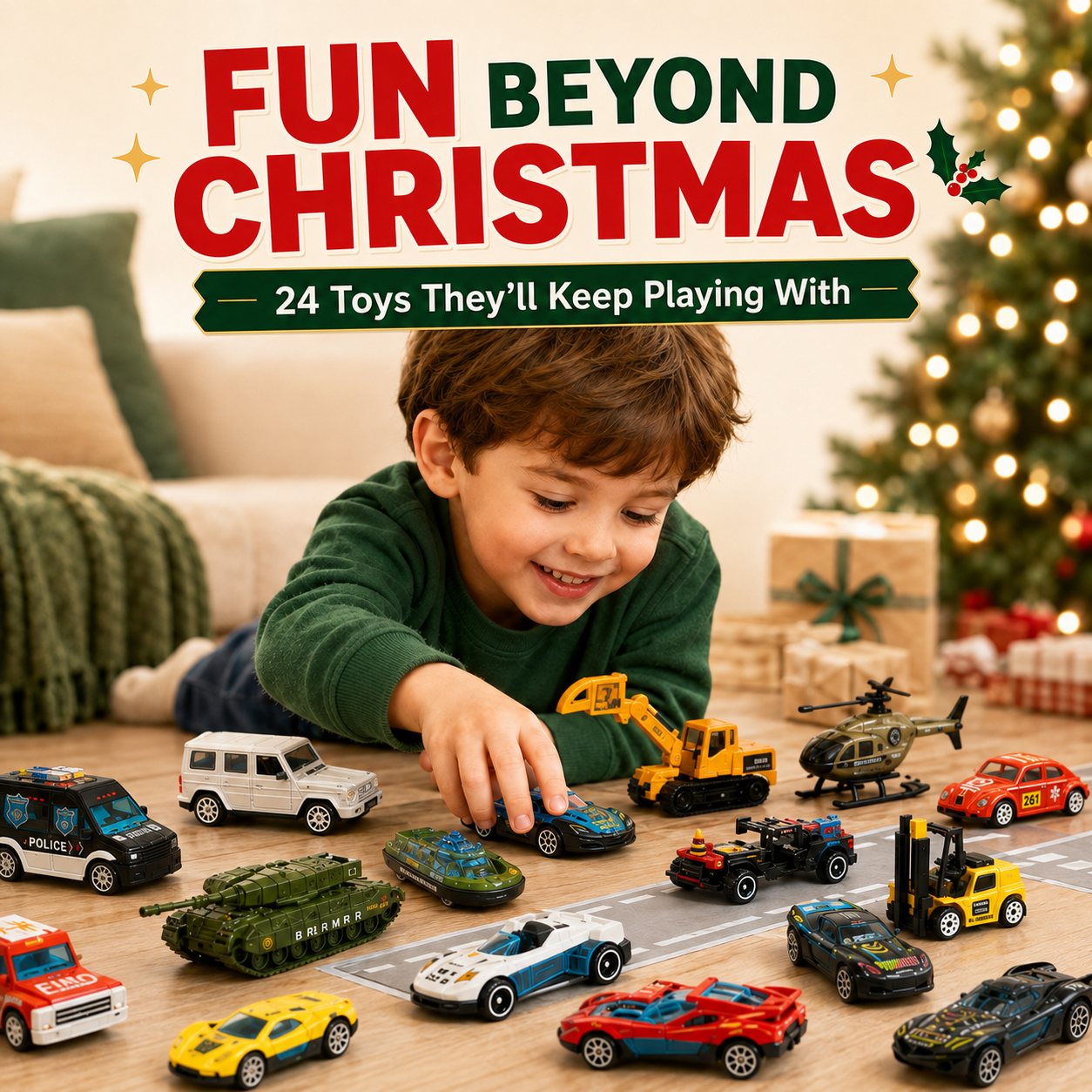 Close-up of mini race cars and construction trucks racing on the track