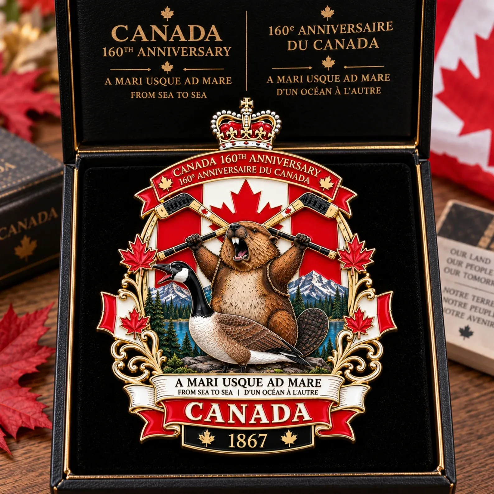 Bilingual Canada anniversary banner and commemorative details on the badge
