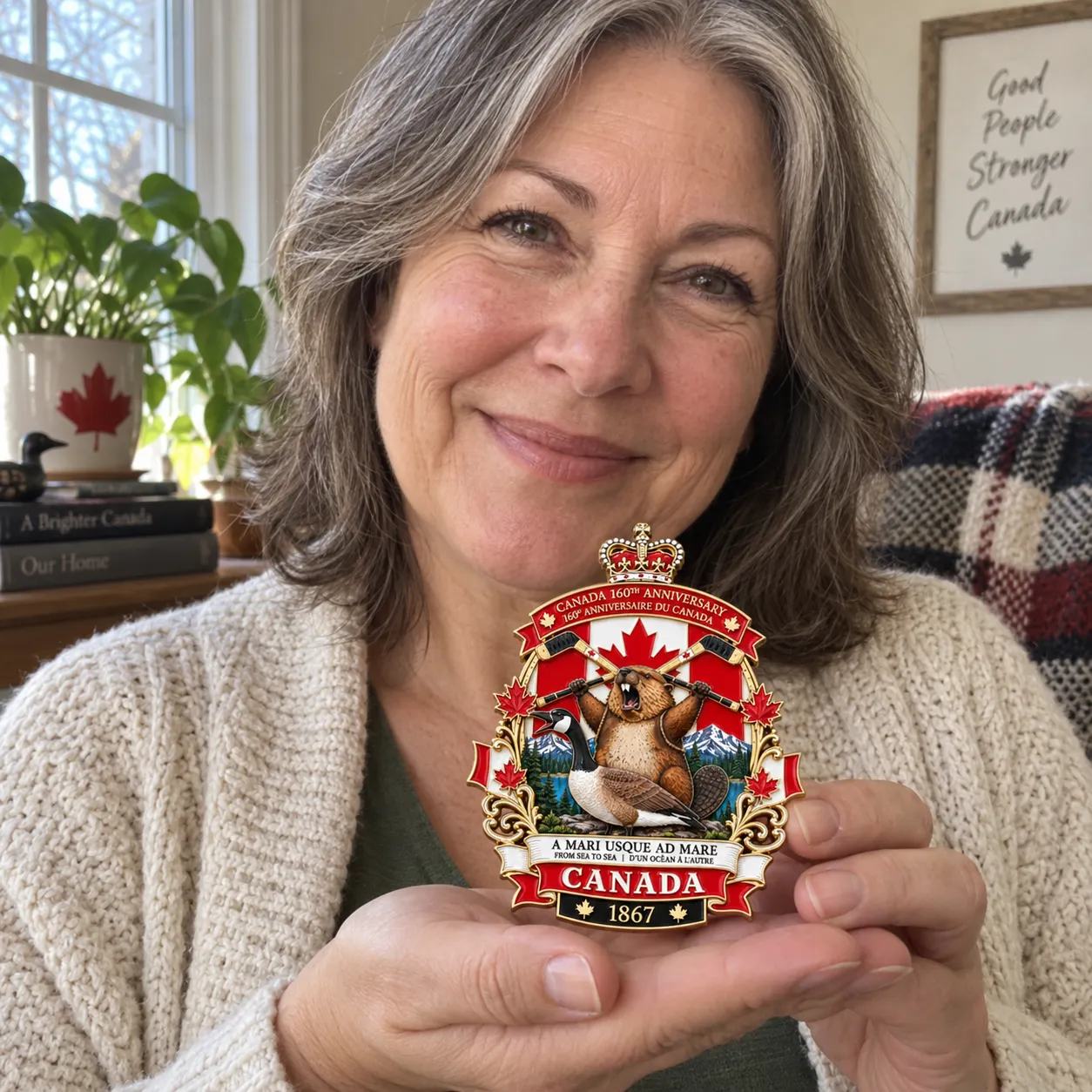 Woman holding the Canada anniversary badge in both hands beside a window &mdash; AI-generated lifestyle image