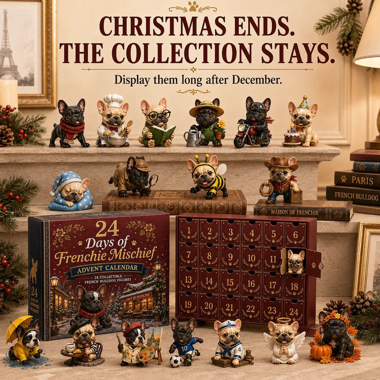 24-Day French Bulldog Christmas Advent Calendar – 24 Unique Frenchie Characters gift and lifestyle view