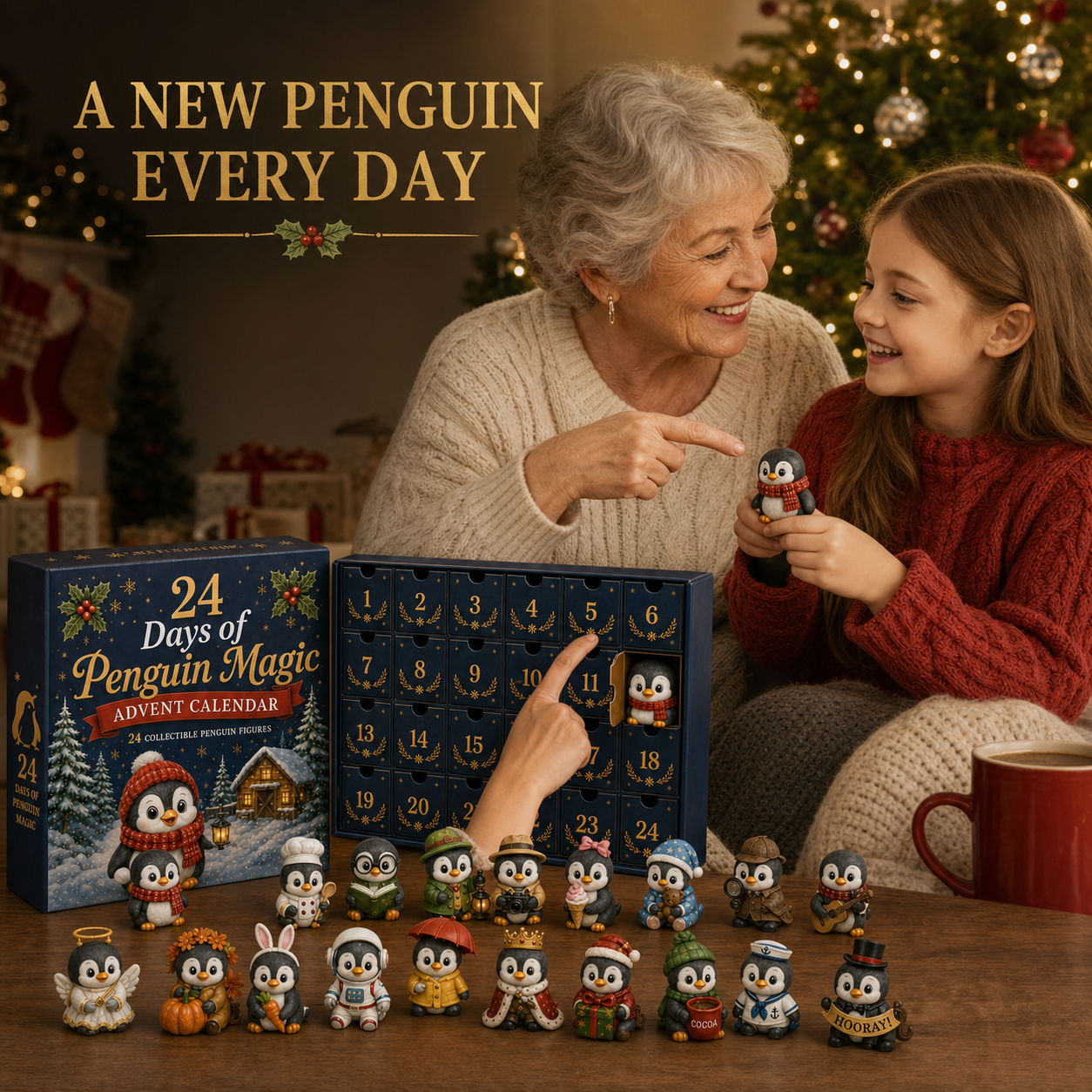 Grandparent and child enjoying Penguin Advent Calendar together