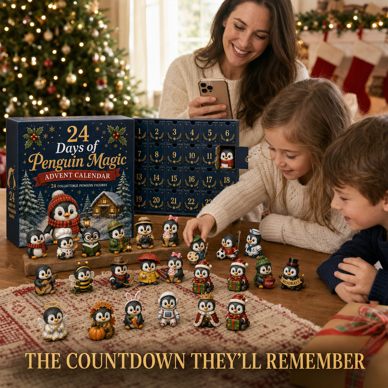 Family sharing Penguin Advent Calendar at home during Christmas