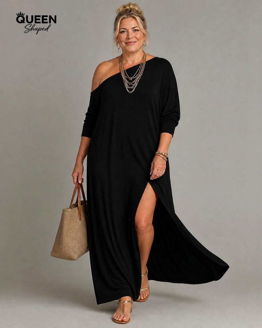 One Shoulder Side Slit Flowing Midi Dress