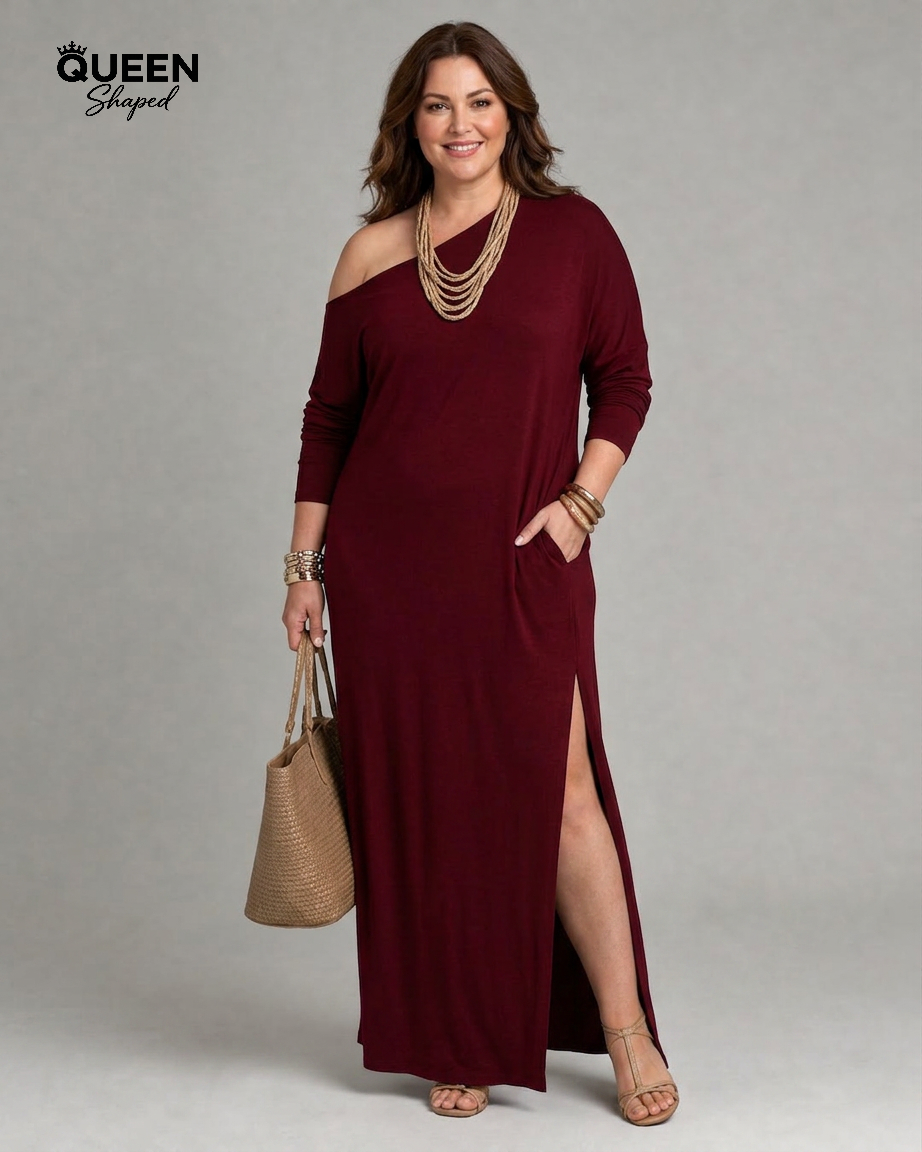 One Shoulder Side Slit Flowing Midi Dress