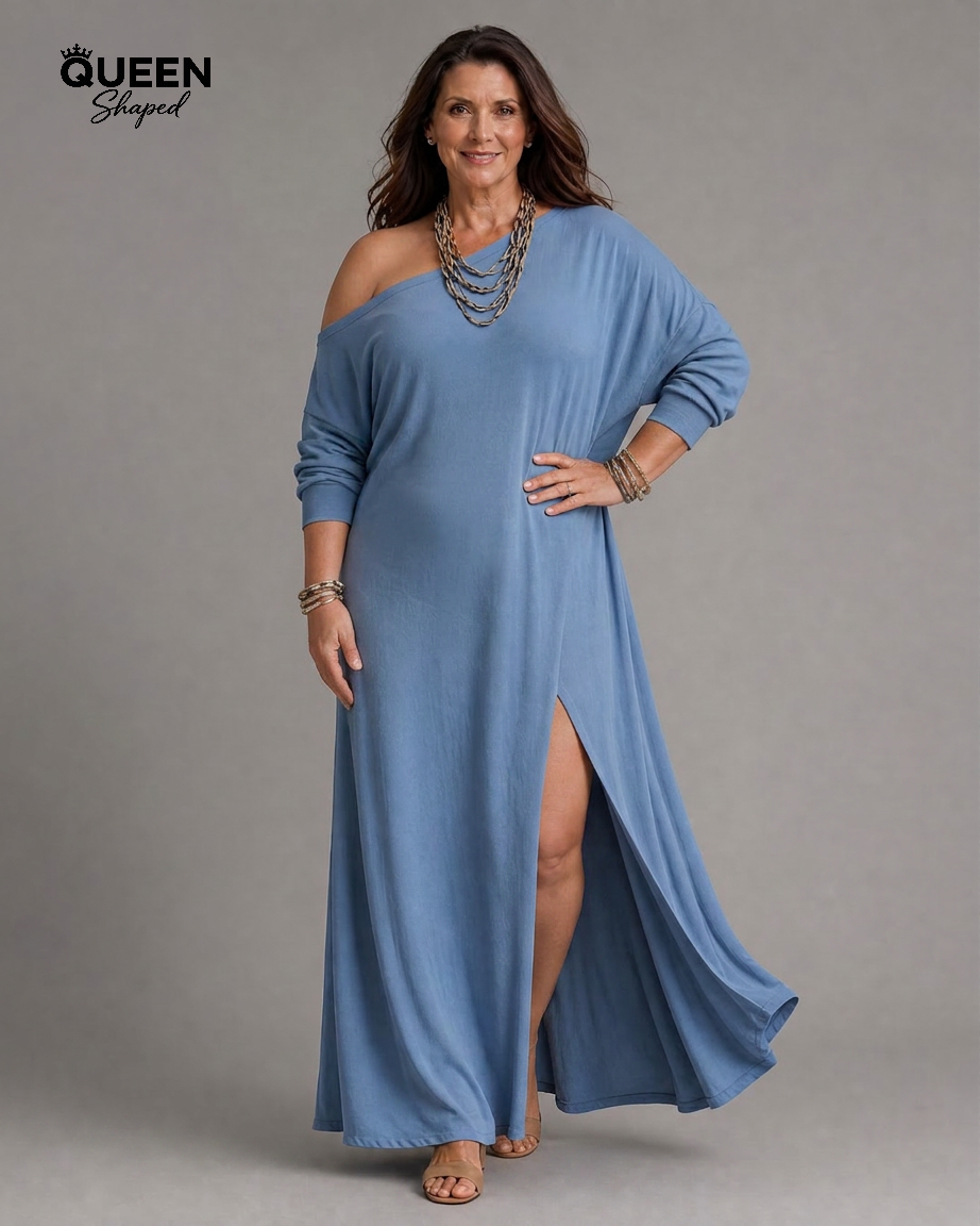 One Shoulder Side Slit Flowing Midi Dress