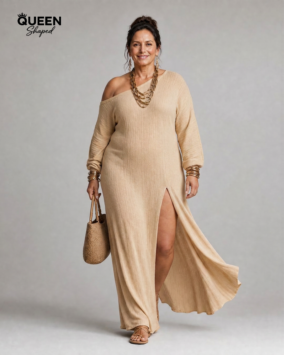 One Shoulder Side Slit Flowing Midi Dress