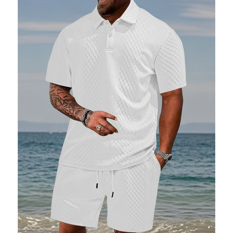 🔥Hot Sale Deals-Men’s Diamond Pattern Turn-Down Collar Short Sleeve Top & Drawstring Shorts 2-Piece Set