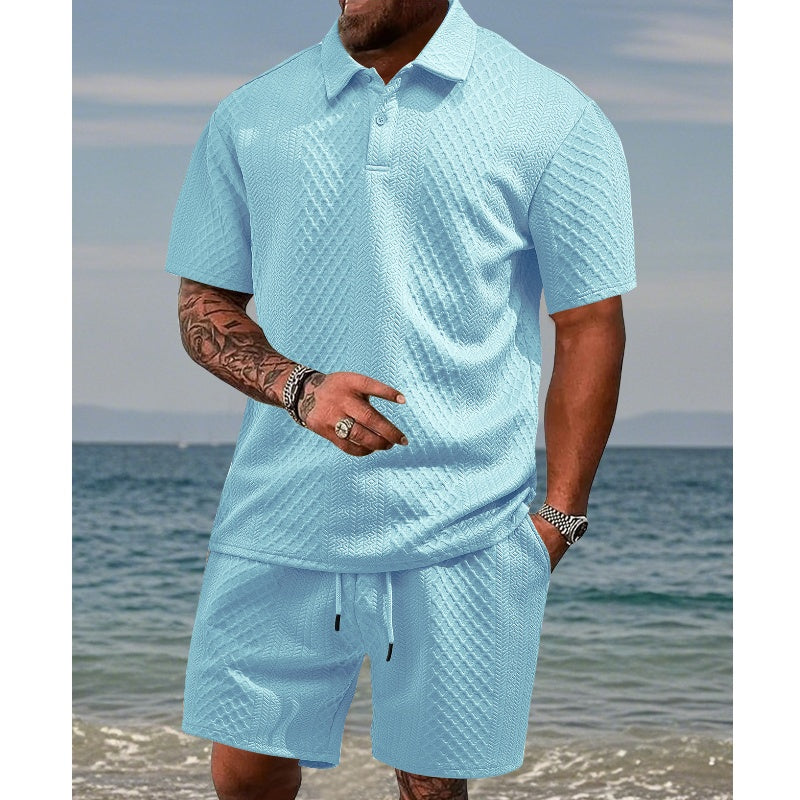 🔥Hot Sale Deals-Men’s Diamond Pattern Turn-Down Collar Short Sleeve Top & Drawstring Shorts 2-Piece Set