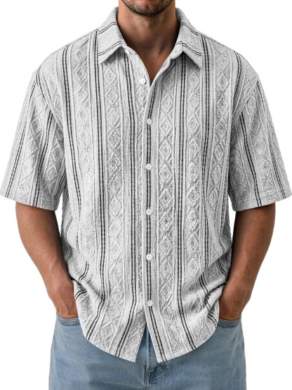 Men's Casual Textured Breathable Collared Short-Sleeve Shirt