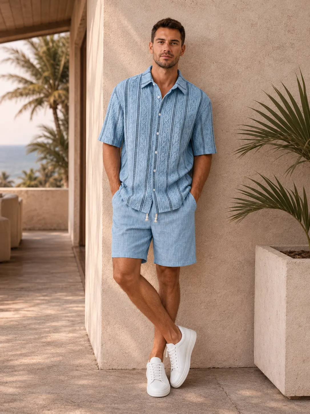 Men's Casual Textured Breathable Collared Short-Sleeve Shirt
