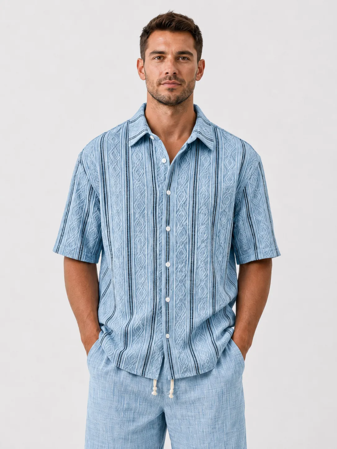 Men's Casual Textured Breathable Collared Short-Sleeve Shirt