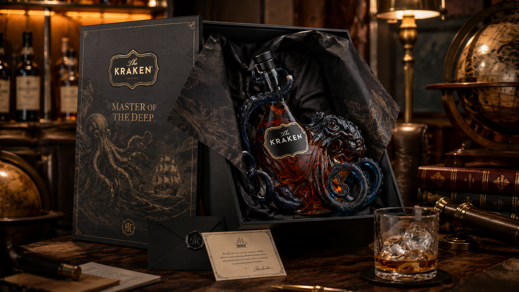 Product display image: Kraken collector bottle beside its matte black collector box labeled Master of the Deep