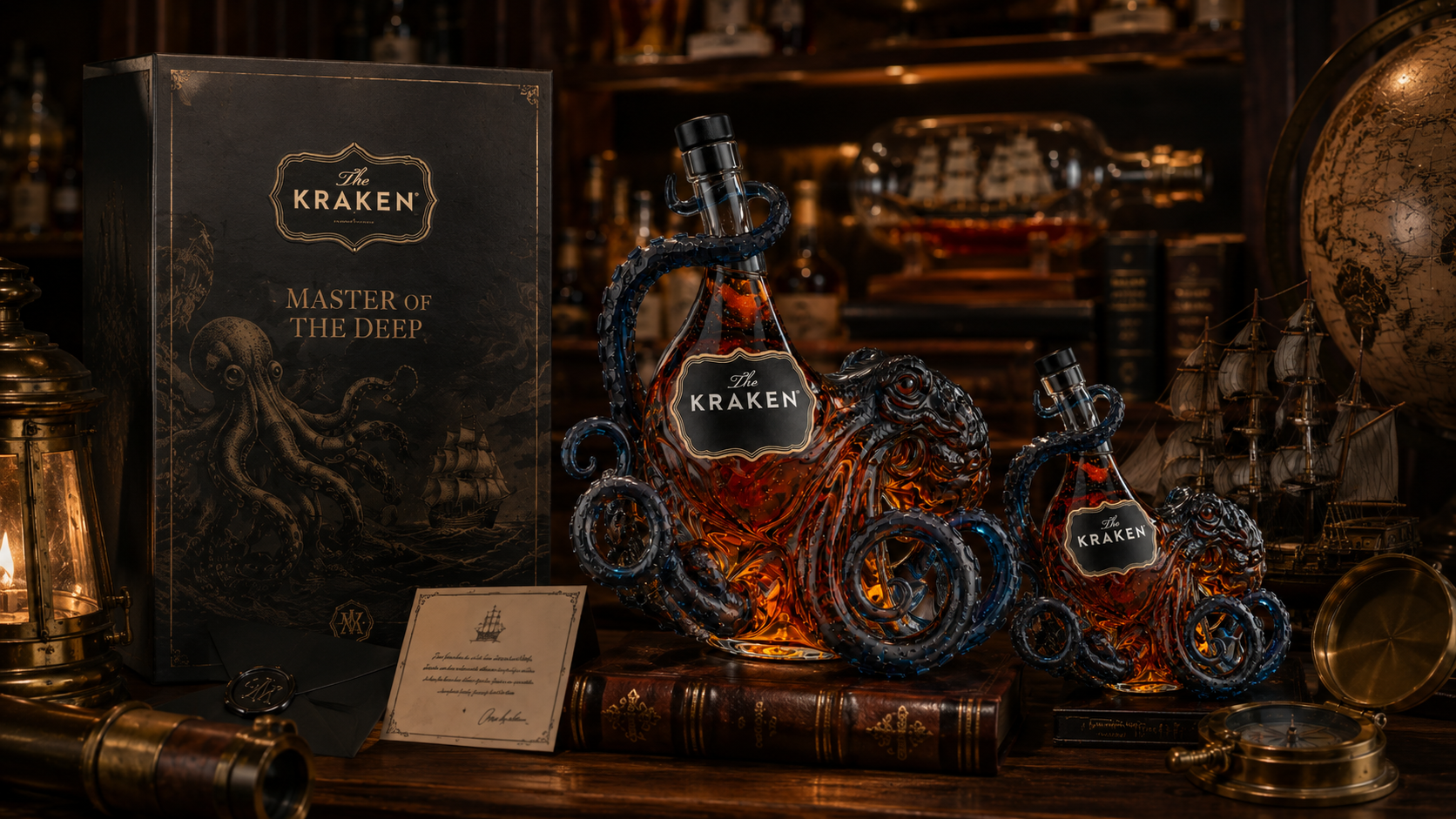 Lifestyle image: Kraken-inspired bottle displayed under warm bar lighting with glasses and nautical decor