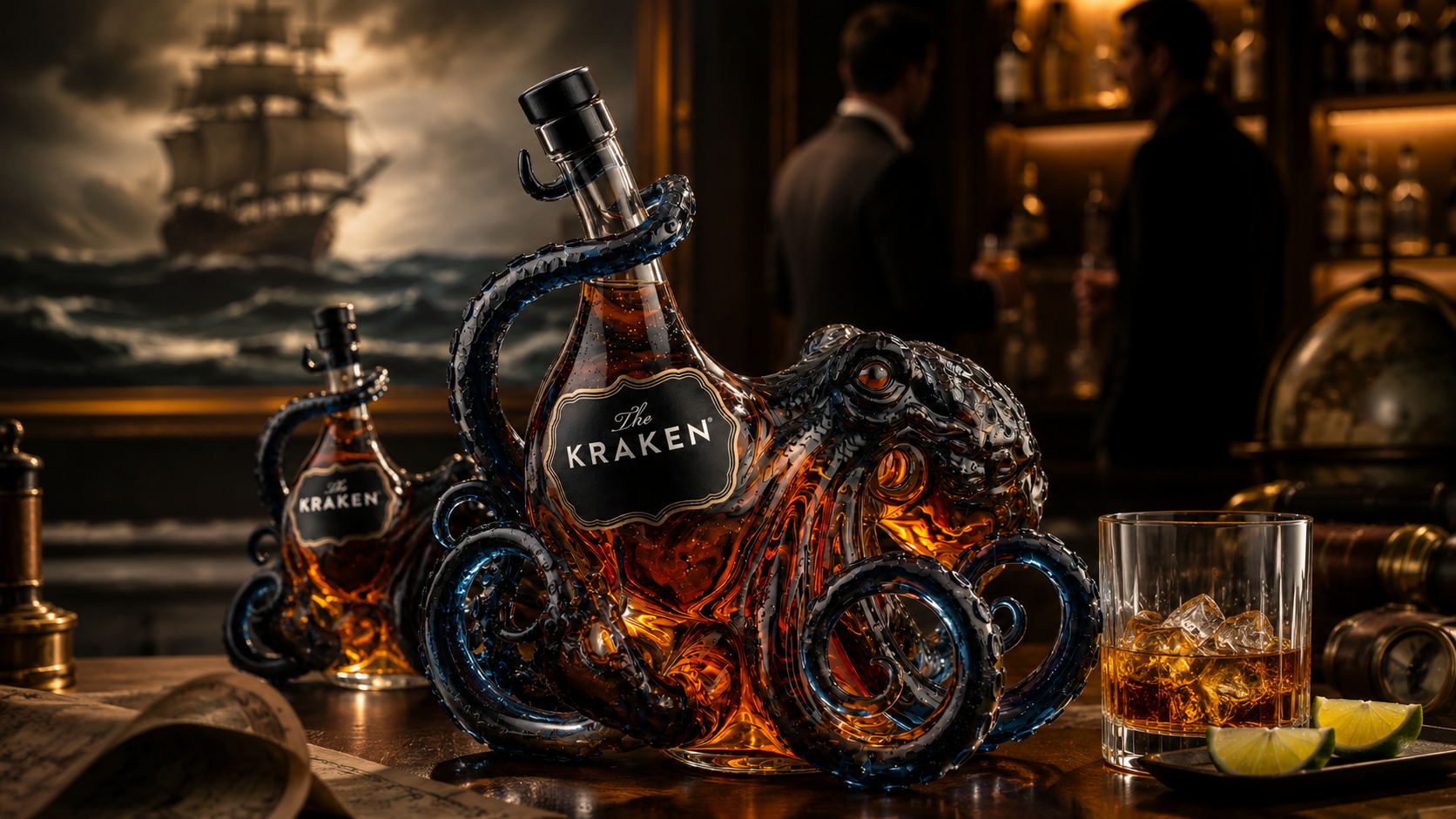 Hero image: 3D Kraken-inspired collector rum bottle on a dark home bar with amber rum glowing inside