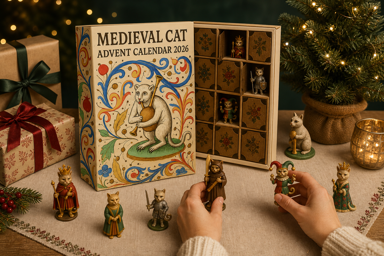 Medieval Cat Advent Calendar presented as a holiday gift