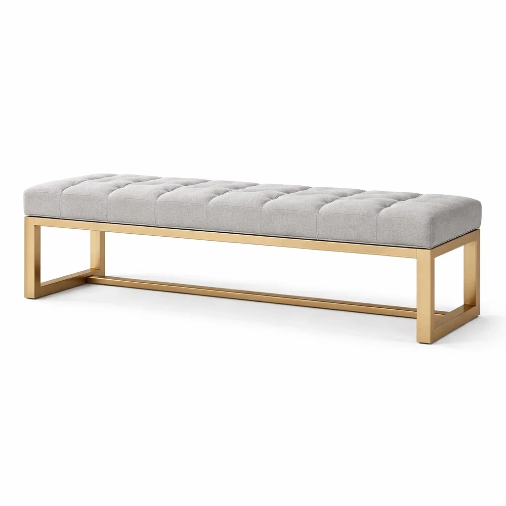 Bank Polyester Grau Metallrahmen Goldfarben