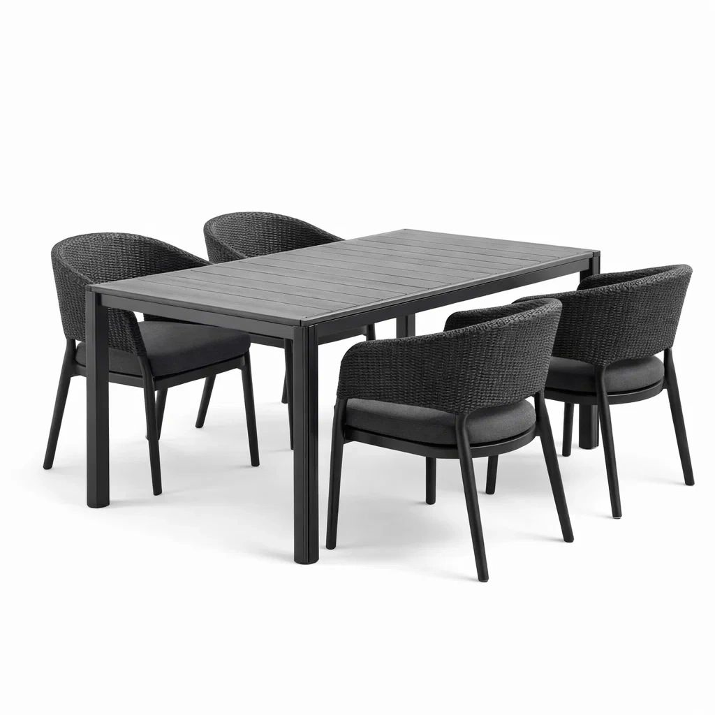 Essgruppe Aluminium Geflecht Schwarz Tisch Stühle