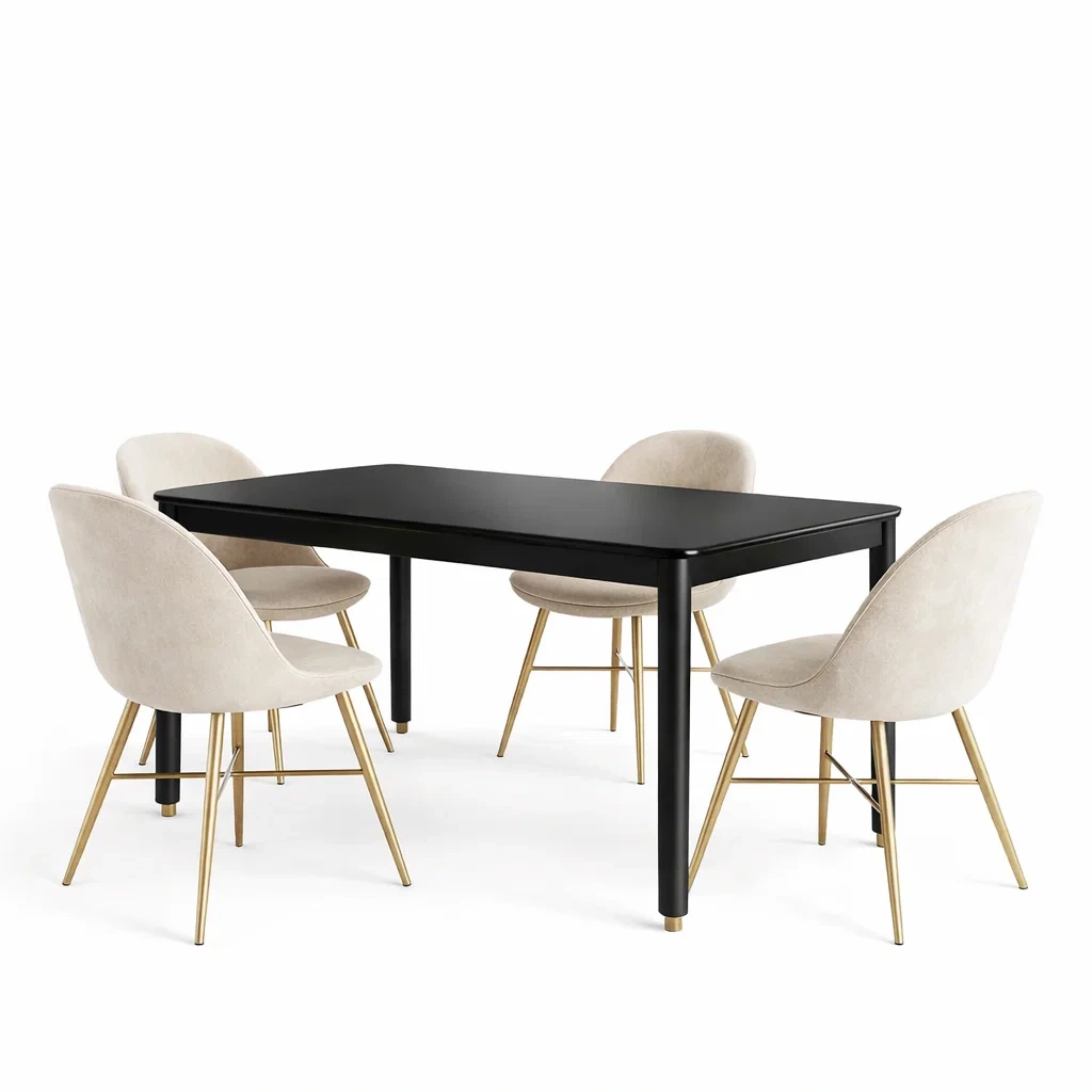 Essgruppe MDF 4 Stühlen Samt Metallbeinen Schwarz Creme