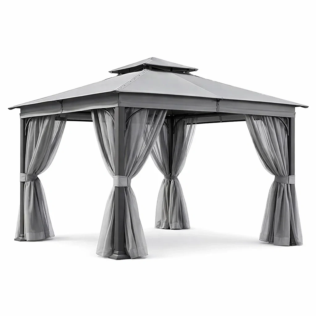 Gartenpavillon Stahl Aluminiumdach Polyester Vorhängen Grau