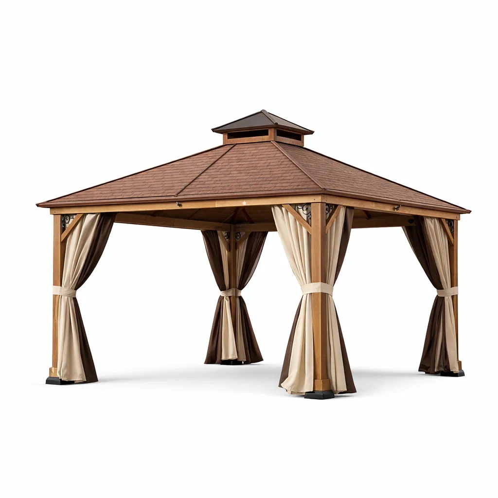 Gartenpavillon Holz Polycarbonatdach Vorhängen Braun