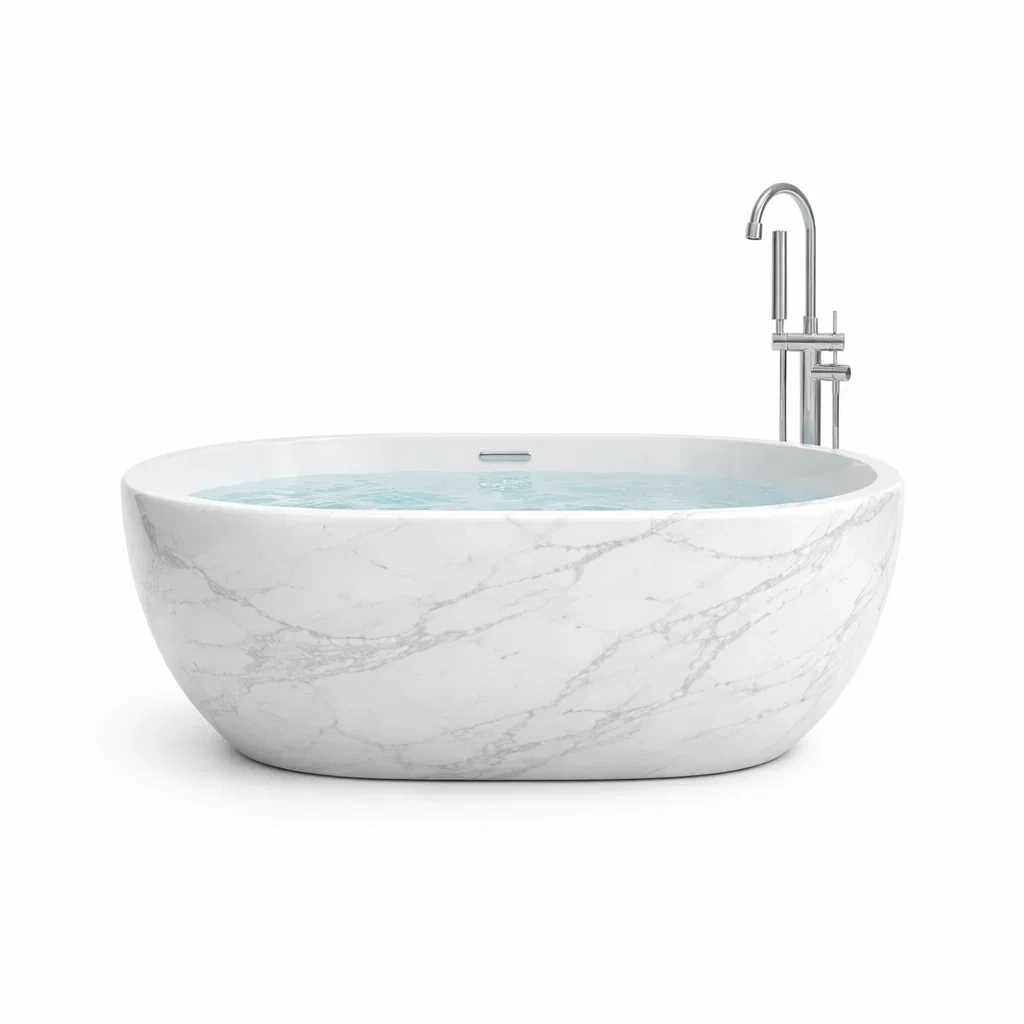 Freistehende Badewanne Acryl Marmoroptik Weiß Oval 170x80x60 cm