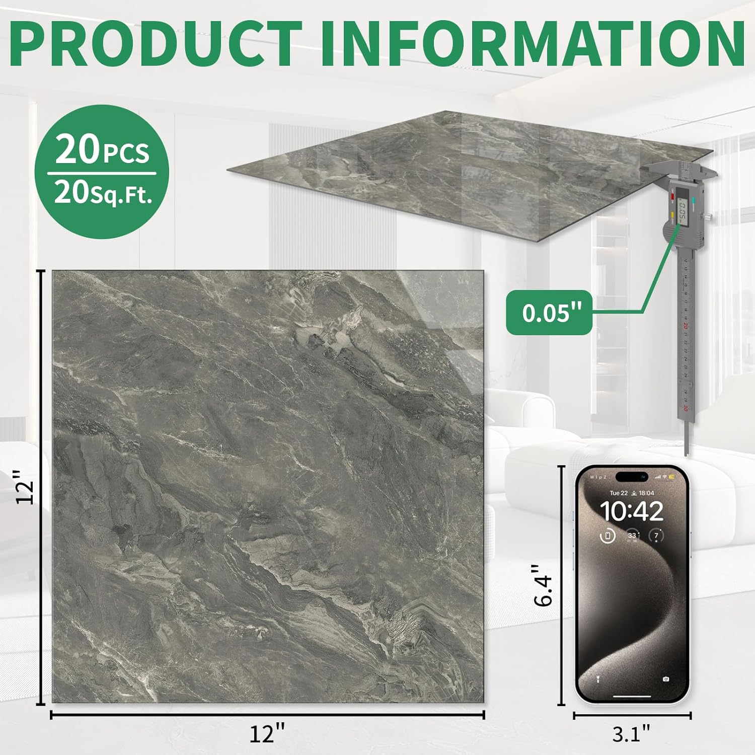 20-Pack 19.34 Sq.Ft Peel and Stick Floor Tiles Vinyl Glossy Pattern Flooring