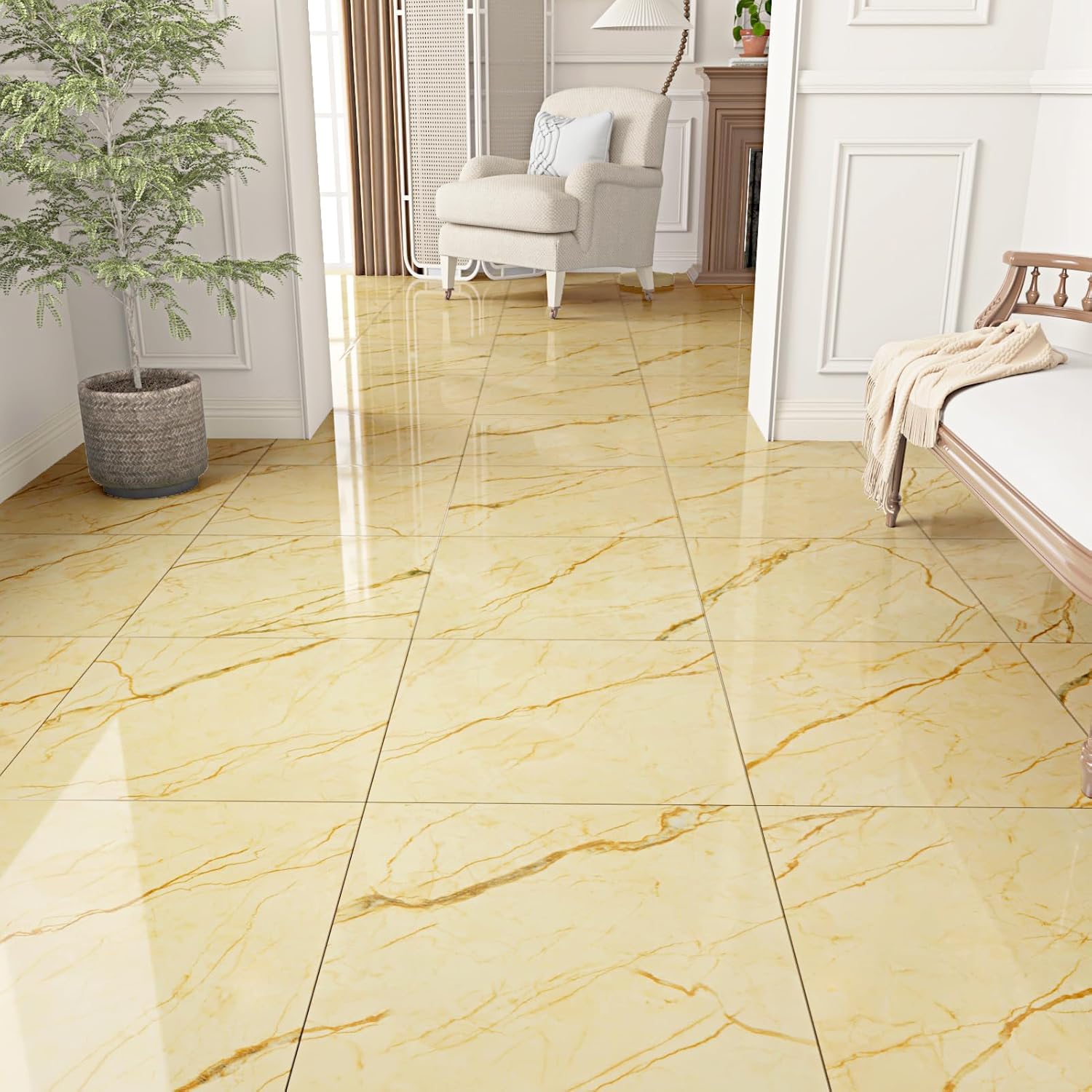 Peel and Stick Waterproof Floor Tile Yellow Marble Floor Tiles 