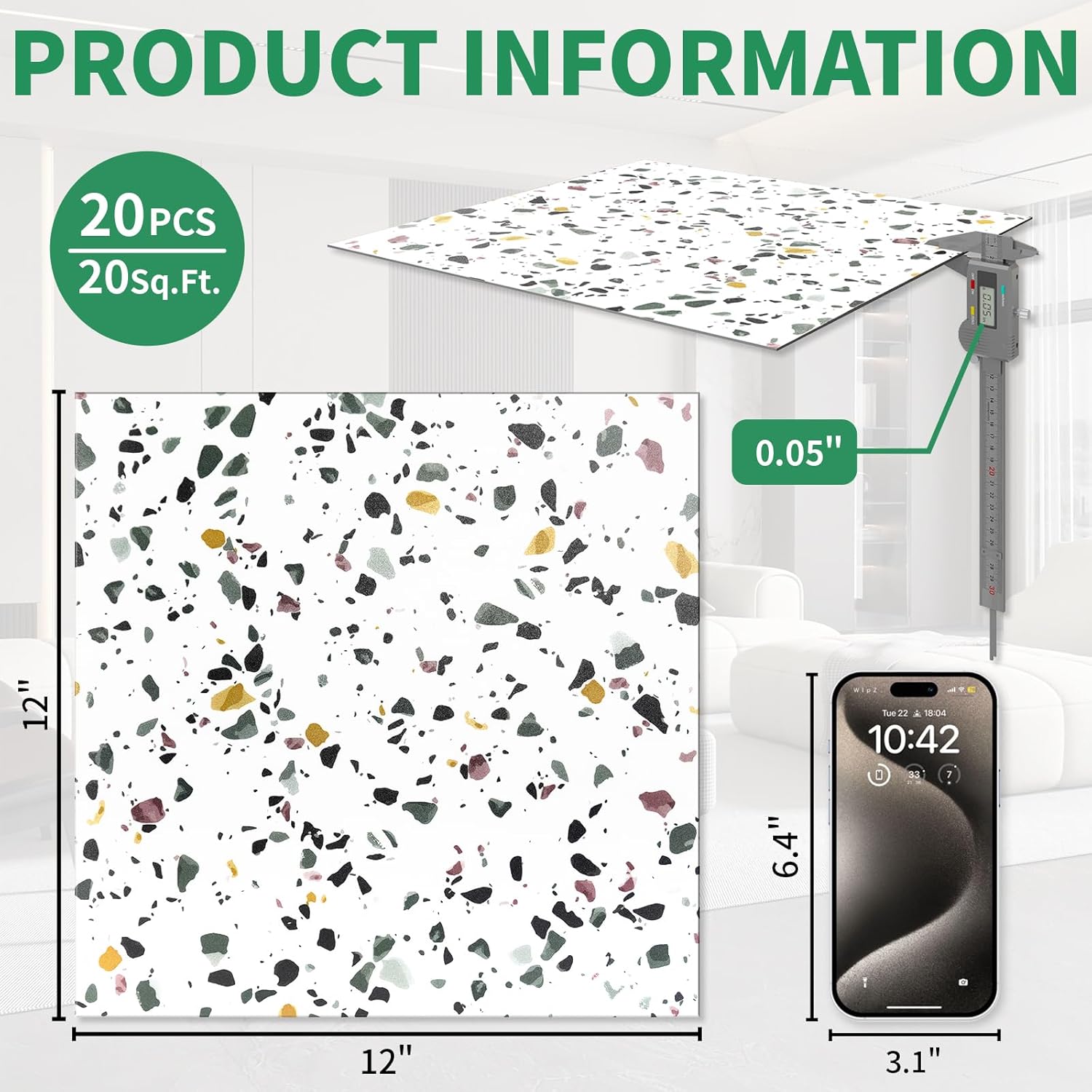 20-Pack 20 Sq.Ft Peel and Stick Floor Tiles Vinyl Matte Pattern Flooring