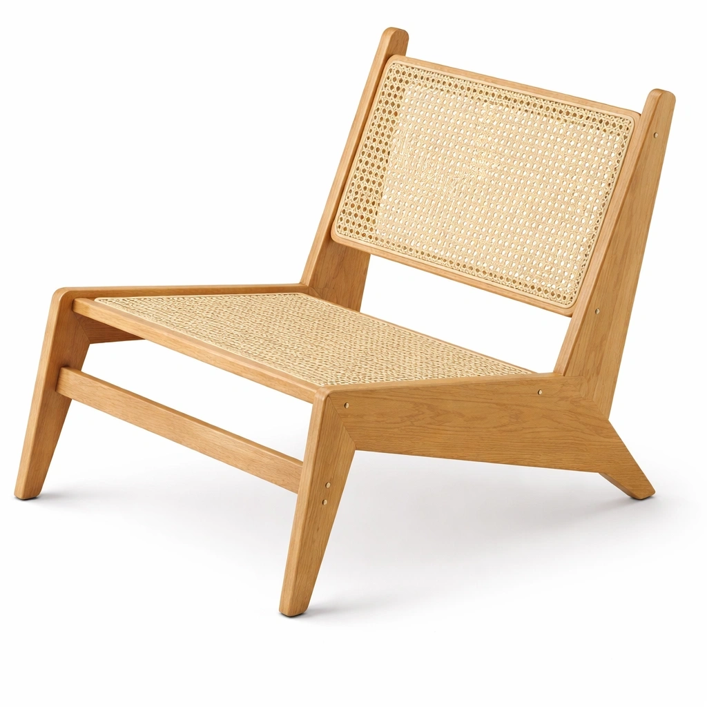 Chaise lounge bois et cannage C Beige clair