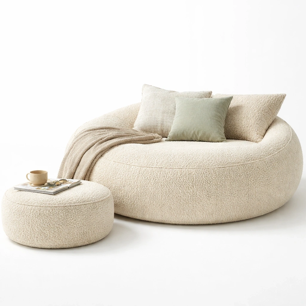 Canap pouf boucl avec repose pieds C Beige