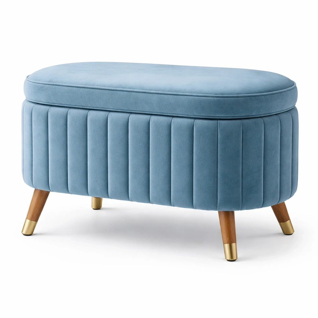 Pouf coffre capitonn en velours C Bleu clair